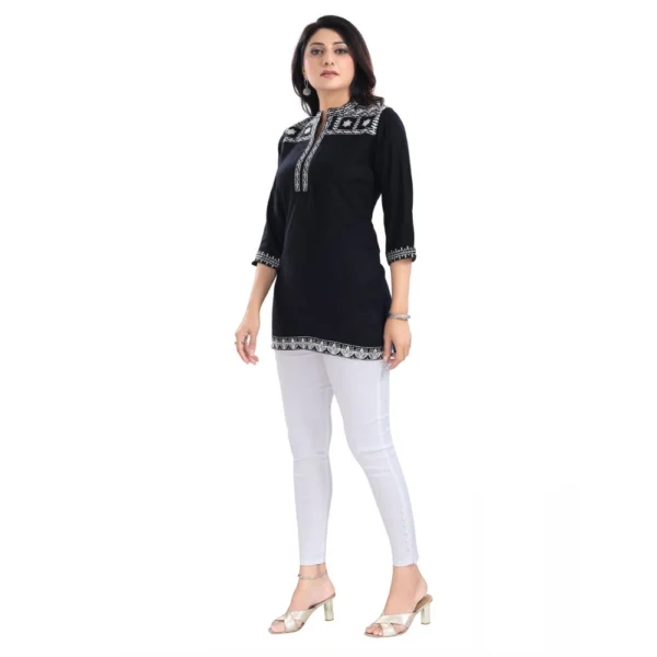 Women's 3/4th Sleeve Viscose Tunic Short Top (Black) - Image 2
