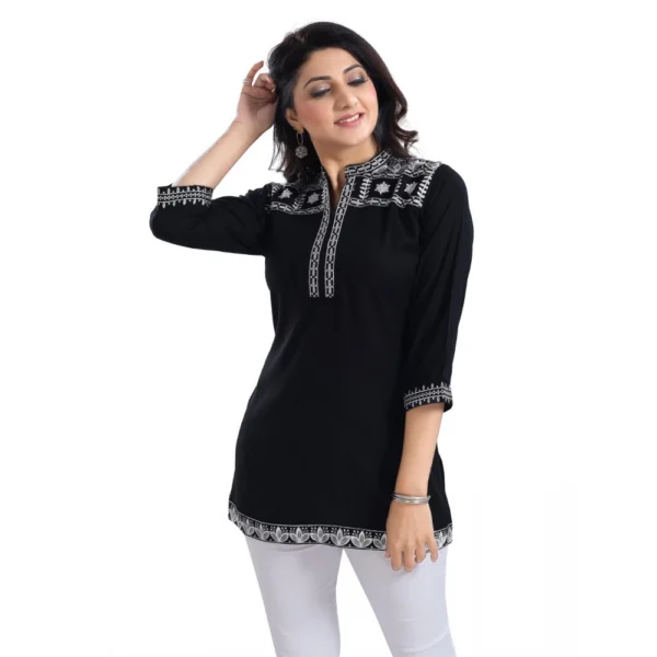 Women's 3/4th Sleeve Viscose Tunic Short Top (Black) - Image 4