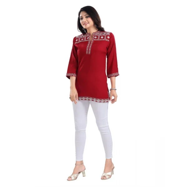 Women's 3/4th Sleeve Viscose Tunic Short Top (Red) - Image 2