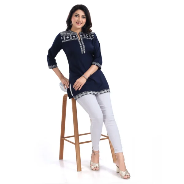 Women's 3/4th Sleeve Viscose Tunic Short Top (Blue) - Image 4