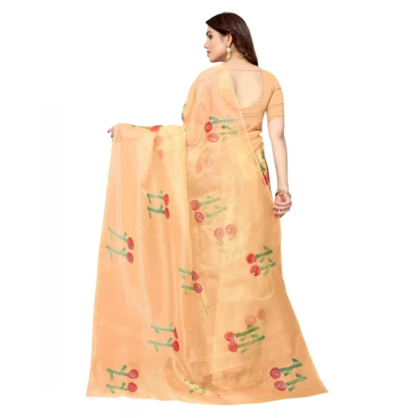Women's Organza Floral Pattern Sarees (Orange, 5-6 Mtrs) - Image 3