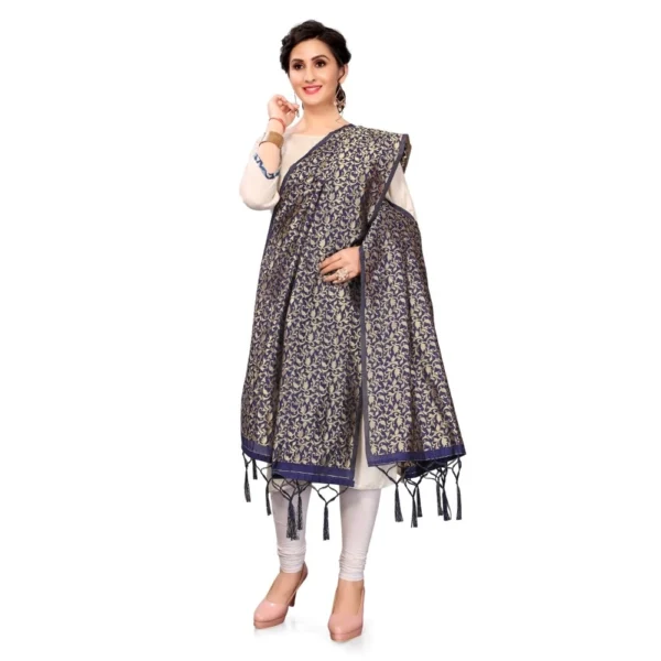 Women's Silk Pure weaving Work Duppatta (Navy Blue, Length: 2-2.3 Mtrs) - Image 2