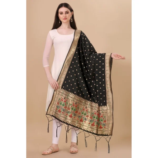 Women's Silk Pure Zari weaving Duppatta (Black, Length: 2-2.3 Mtrs) - Image 2