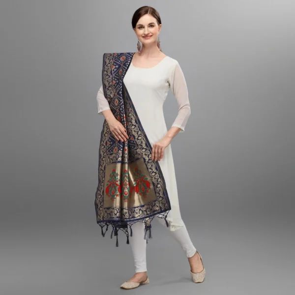 Women's Silk Pure Zari weaving Duppatta (Navy Blue, Length: 2-2.3 Mtrs) - Image 3