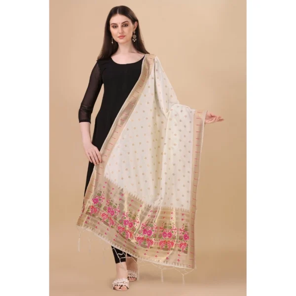 Women's Silk Pure Zari weaving Duppatta (White, Length: 2-2.3 Mtrs) - Image 2