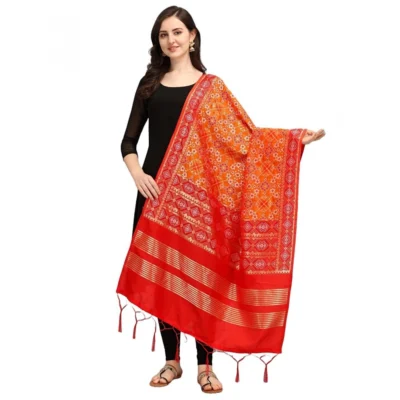 Women's Silk Pure weaving Work Duppatta (Orange, Length: 2-2.3 Mtrs)