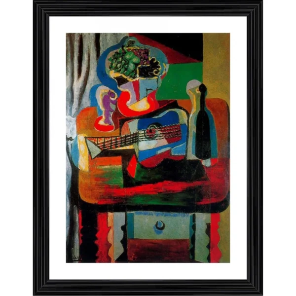 Guitar Bottle Fruit Dish and Glass 1919 Painting With Wood Photo Frame (Multicolor)