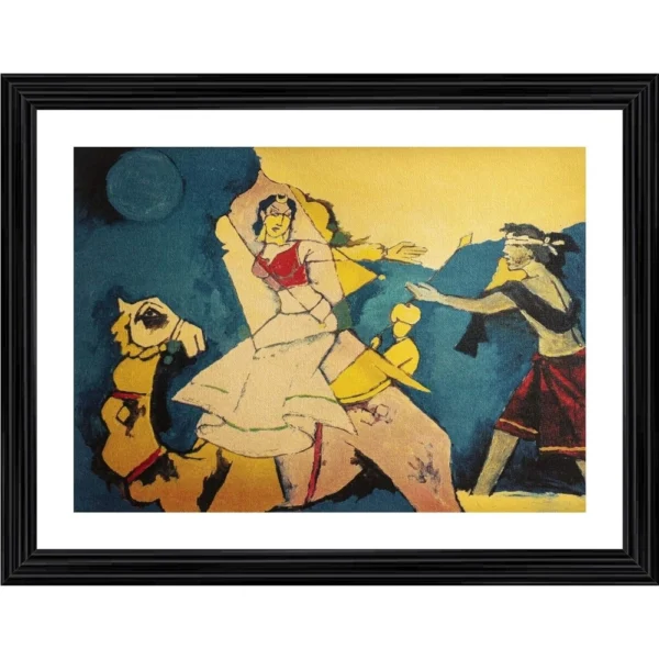 Laila Majnu and Camel Painting With Wood Photo Frame (Multicolor)