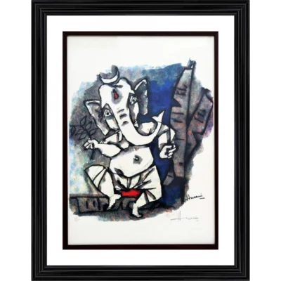 Ganesha Dances Painting With Wood Photo Frame (Multicolor)
