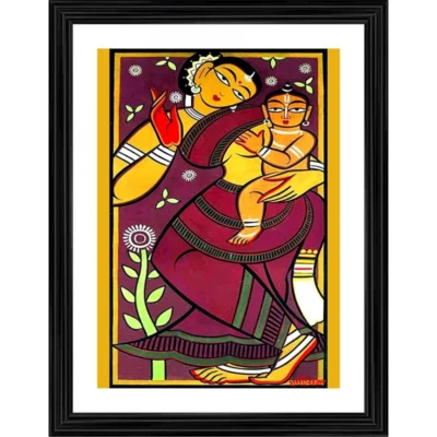 Mother and Child 2 Painting With Wood Photo Frame (Multicolor)