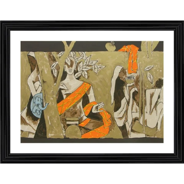 Buddha and the Tree of Knowledge Painting With Wood Photo Frame (Multicolor)