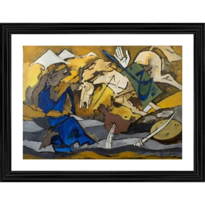 Horses in Battle Painting With Wood Photo Frame (Multicolor)
