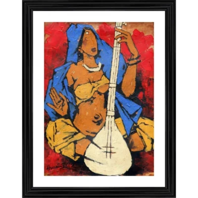 Lady with Sitar Painting With Wood Photo Frame (Multicolor)