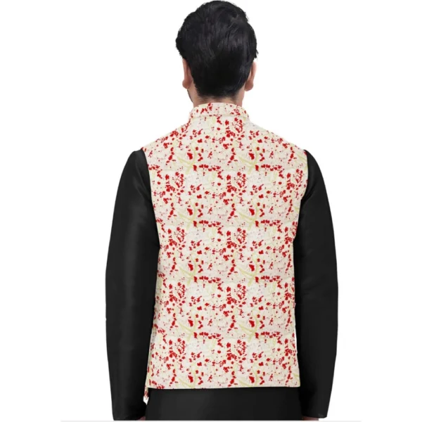 Men's Jacquard Printed Full Sleeve Waistcoat (Red-Beige) - Image 3
