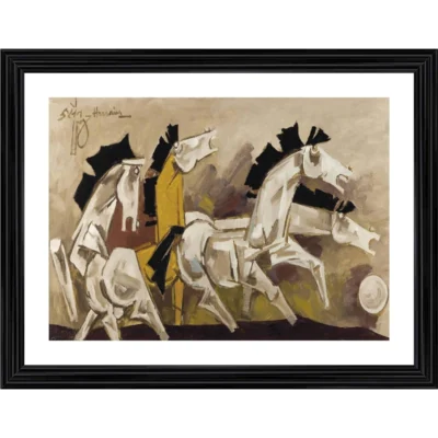 Four Horses Painting With Wood Photo Frame (Multicolor)