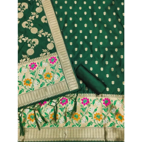 Women's Banarasi Silk Printed Unstitched Salwar Suit Material With Dupatta (Green, 3Mtrs) - Image 3