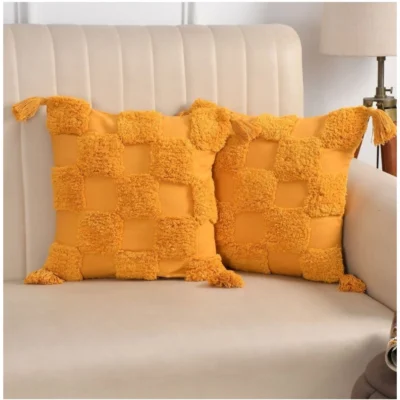 Cotton Tufted Cushion Pillow Cover 16x16 Inch Pack of 2 (Yellow)