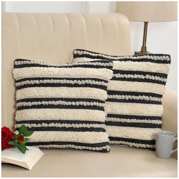 Cotton Diamond Handcrafted Pit Loom Cushion Cover 16x16 Inch Pack of 2 (Black Cream) - Image 2