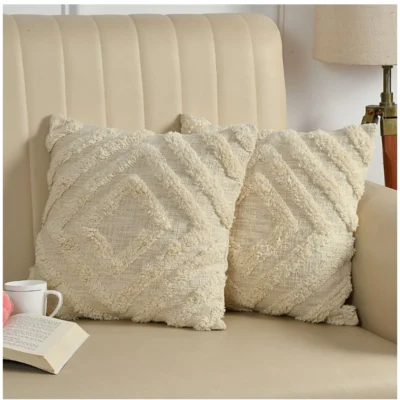 Cotton Tufted Cushion Pillow Cover 16x16 Inch Pack of 2 (Off White)