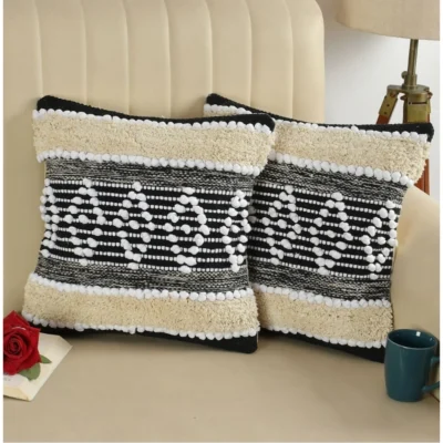 Cotton Diamond Handcrafted Pit Loom Cushion Cover 16x16 Inch Pack of 2 (Black Cream)