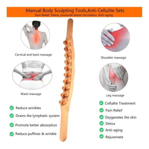Wood Gua Sha Double Row Stick Massager (Wood) - Image 2