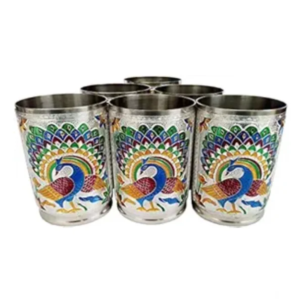 Steel Meenakari Peacock Design Decorative Glass Set (Silver) - Image 4