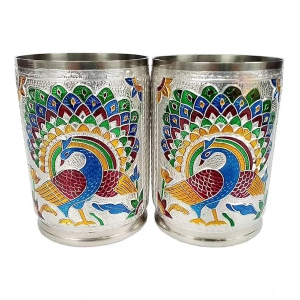 Steel Meenakari Peacock Design Decorative Glass Set (Silver) - Image 2