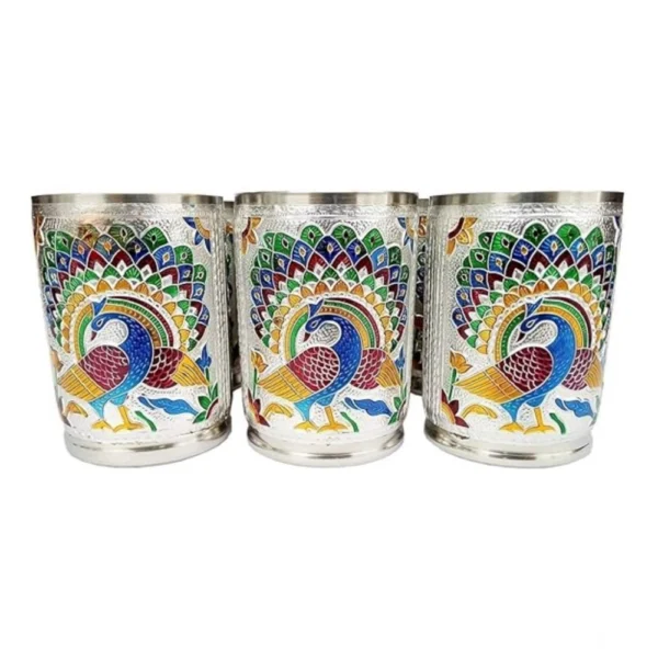 Steel Meenakari Peacock Design Decorative Glass Set (Silver) - Image 3