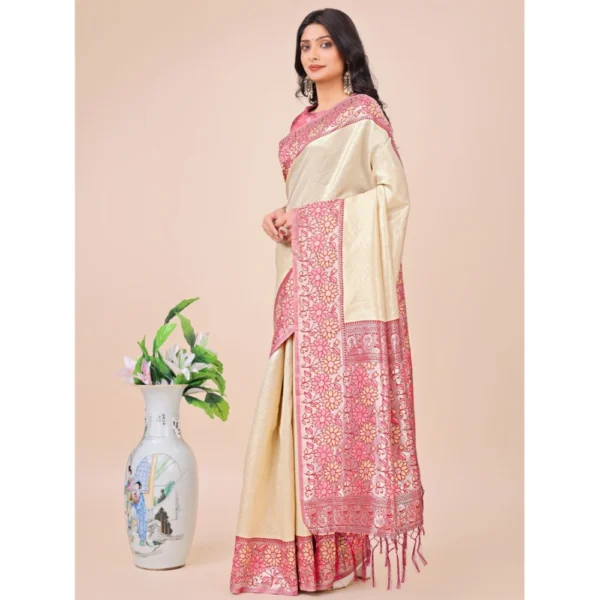 Women's Lichi Silk Printed Saree With Unstitched Blouse 5.5Mtr (Cream) - Image 2