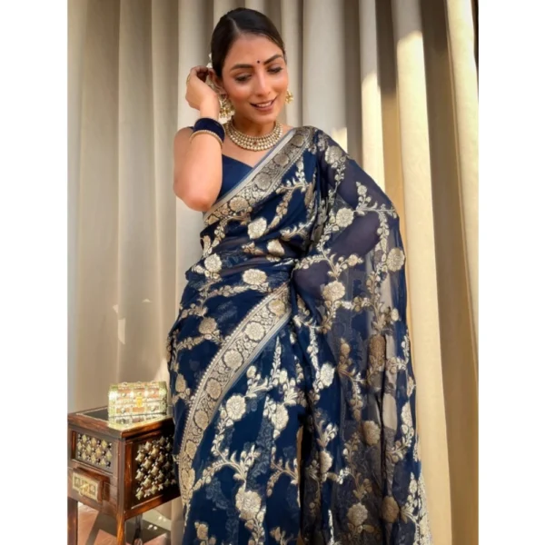 Women's Silk Printed Saree With Unstitched Blouse 5.5Mtr (Dark Blue) - Image 3