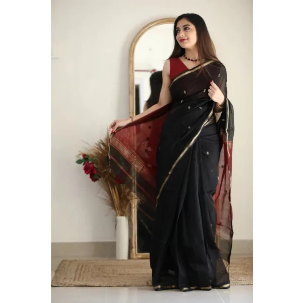 Women's Cotton  Printed Saree With Unstitched Blouse 5.5Mtr (Black) - Image 3