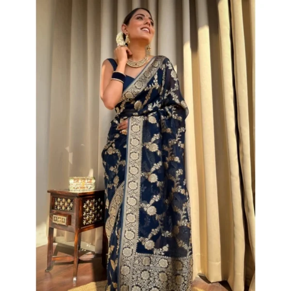 Women's Silk Printed Saree With Unstitched Blouse 5.5Mtr (Dark Blue) - Image 2