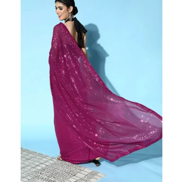 Women's Georgette Embellished Sequnece Bollywood Saree With Unstitched Blouse 5.5Mtr (Wine) - Image 2