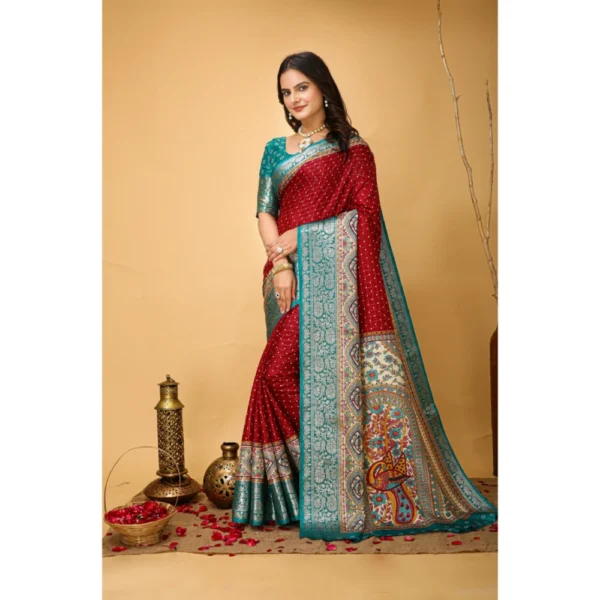Women's Soft Dola Cotton Kalamkari Printed Saree With Unstitched Blouse 5.5Mtr (Red) - Image 4