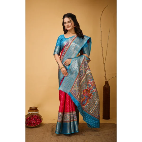 Women's Soft Dola Cotton Kalamkari Printed Saree With Unstitched Blouse 5.5Mtr (Pink) - Image 2