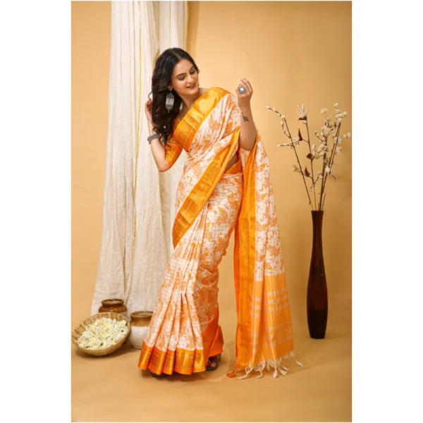 Women's Soft Cotton Silk Printed Saree With Unstitched Blouse 5.5Mtr (Yellow) - Image 2