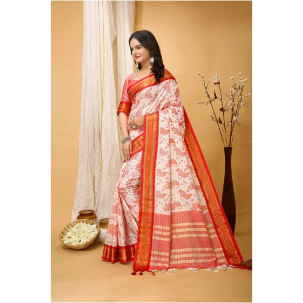 Women's Soft Cotton Silk Printed Saree With Unstitched Blouse 5.5Mtr (Red) - Image 3