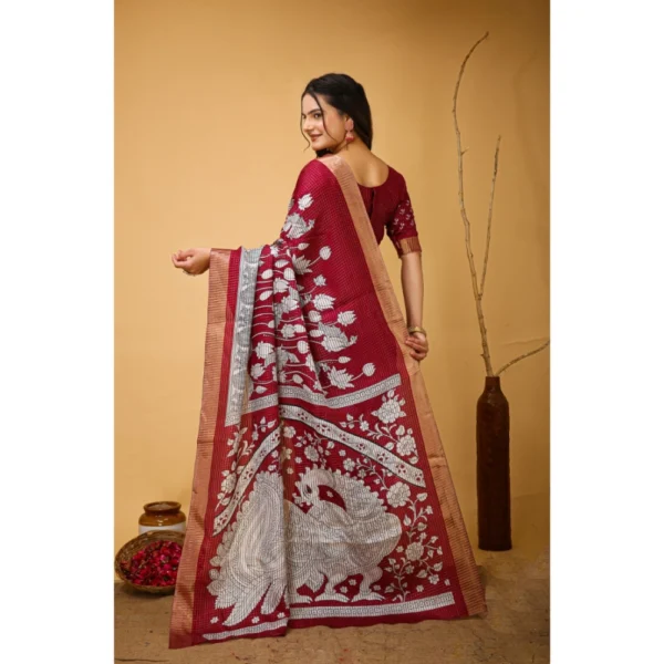Women's Soft Handloom Cotton Kalamkari Printed Saree With Unstitched Blouse 5.5Mtr (Maroon) - Image 3