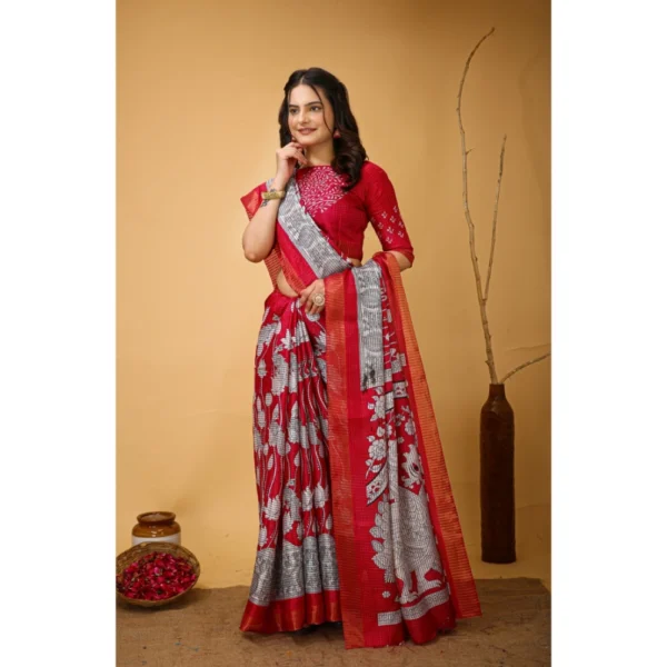 Women's Soft Handloom Cotton Kalamkari Printed Saree With Unstitched Blouse 5.5Mtr (Pink) - Image 2