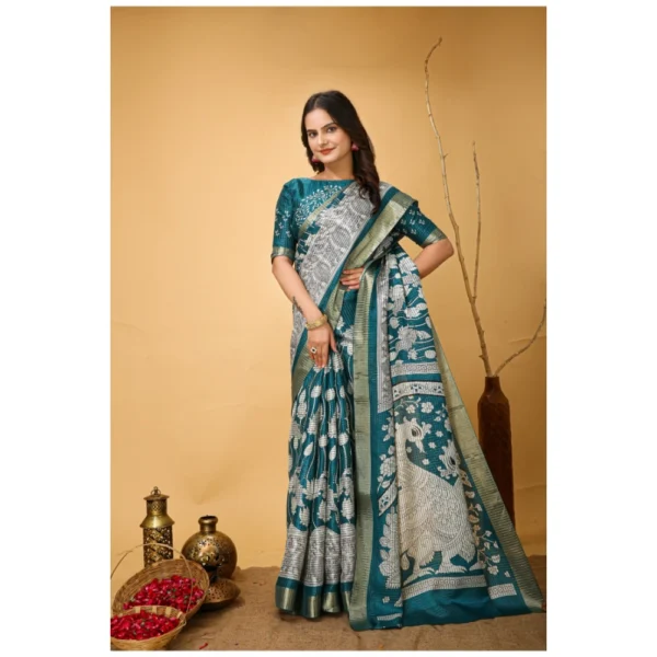 Women's Soft Handloom Cotton Kalamkari Printed Saree With Unstitched Blouse 5.5Mtr (Turquoise) - Image 2