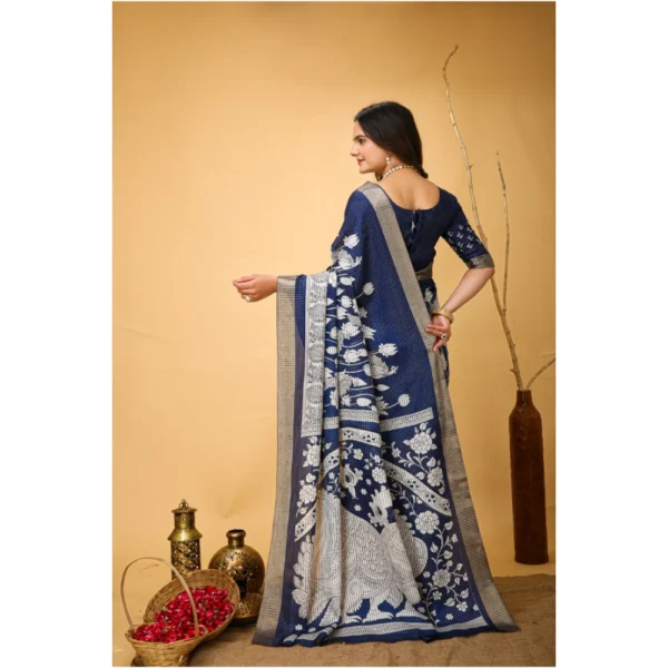 Women's Soft Handloom Cotton Kalamkari Printed Saree With Unstitched Blouse 5.5Mtr (Blue) - Image 3