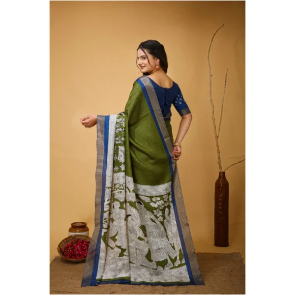 Women's Soft Handloom Cotton Kalamkari Printed Saree With Unstitched Blouse 5.5Mtr (Mehendi) - Image 4