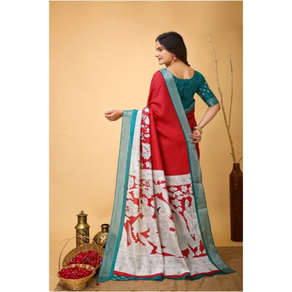 Women's Soft Handloom Cotton Kalamkari Printed Saree With Unstitched Blouse 5.5Mtr (Red) - Image 3