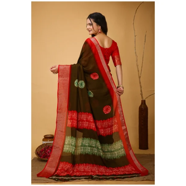 Women's Soft Blooming Marshmallow Fabric Kalamkari Printed Saree With Unstitched Blouse 5.5Mtr (Mehendi) - Image 3