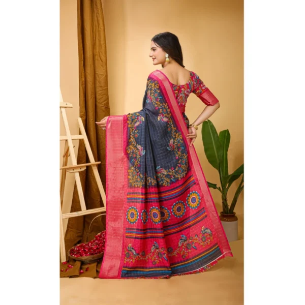 Women's Soft Dola Cotton Kalamkari Printed Saree With Unstitched Blouse 5.5Mtr (Grey) - Image 3
