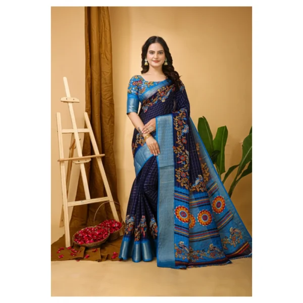 Women's Soft Dola Cotton Kalamkari Printed Saree With Unstitched Blouse 5.5Mtr (Navy Blue) - Image 4