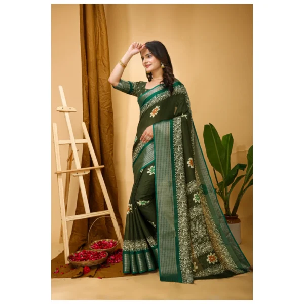 Women's Soft Blooming Marshmallow Fabric Kalamkari Printed Saree With Unstitched Blouse 5.5Mtr (Green) - Image 4