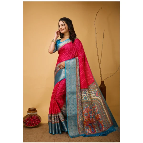 Women's Soft Dola Cotton Kalamkari Printed Saree With Unstitched Blouse 5.5Mtr (Pink) - Image 4