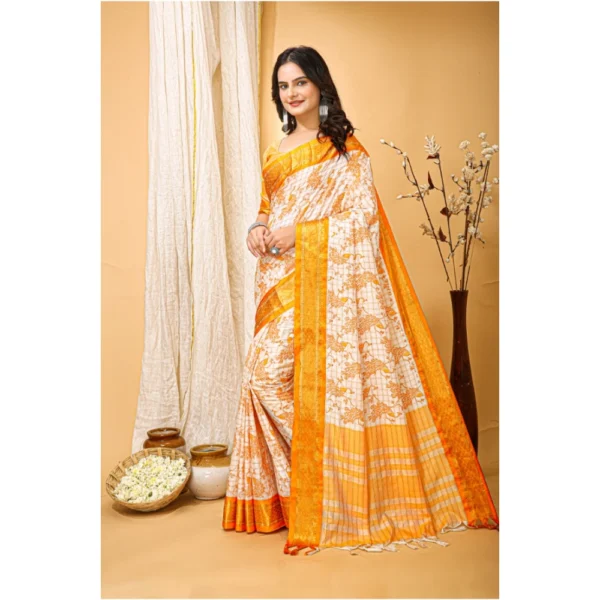 Women's Soft Cotton Silk Printed Saree With Unstitched Blouse 5.5Mtr (Yellow) - Image 4
