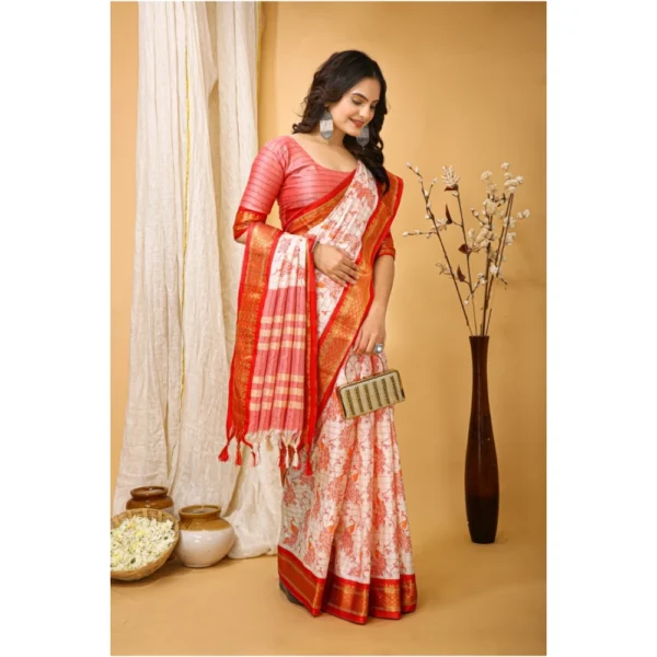 Women's Soft Cotton Silk Printed Saree With Unstitched Blouse 5.5Mtr (Red) - Image 2